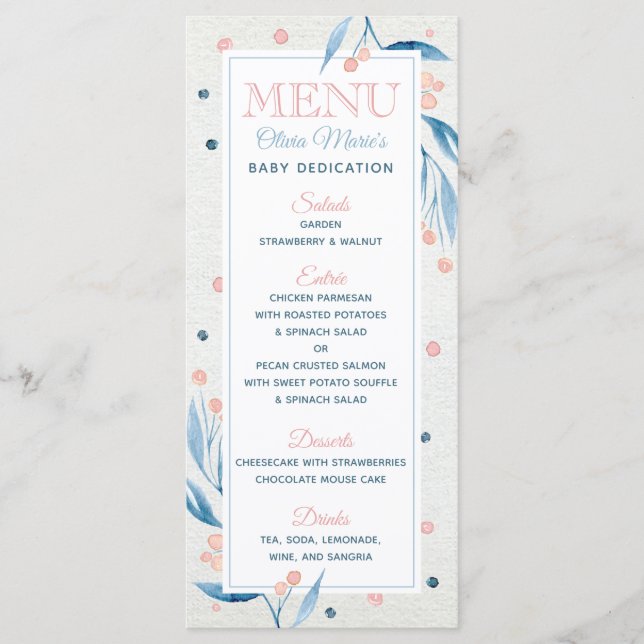Carte de menu Dedication Celebration, Bleu, Rosé B (Devant)