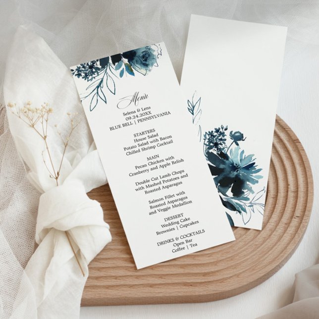 Carte de menu du dîner bleu floral de la Marine cé (Créateur téléchargé)