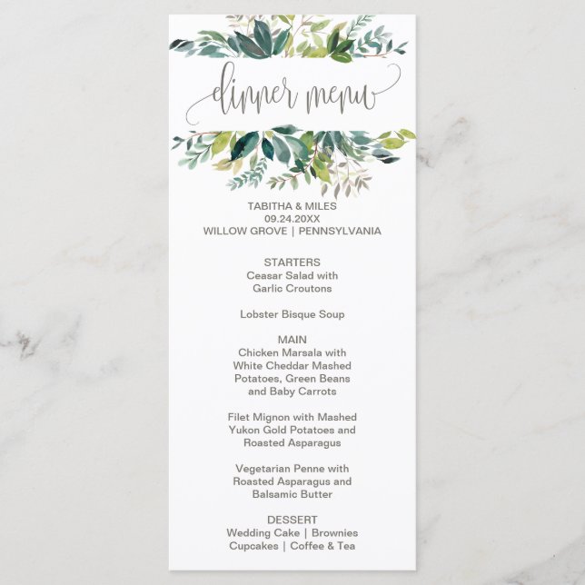 Carte de menu du dîner de remplissage (Devant)