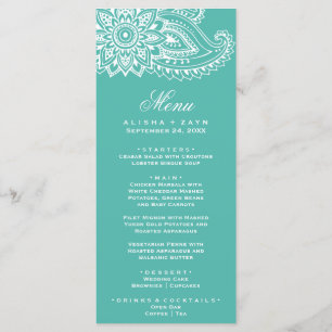 Carte de menu du dîner indien turquoise Paisley
