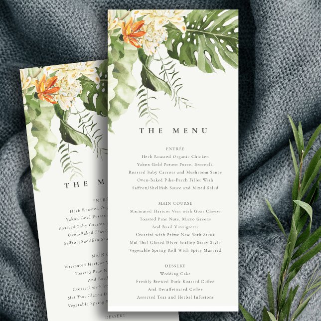 Carte de menu du Mariage botanique tropical orange (Créateur téléchargé)