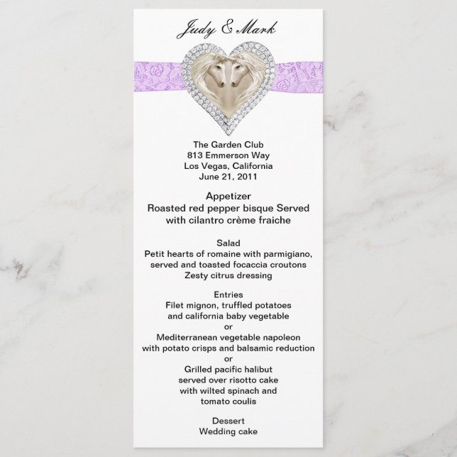 Carte de menu du Mariage de dentelle violette Unic (Devant)