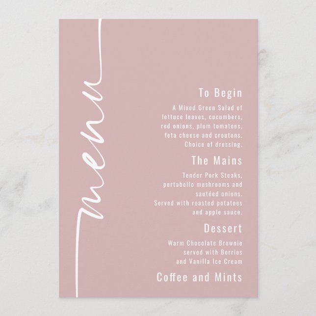 Carte de menu du Mariage de Rose dusty texte pivot (Devant)
