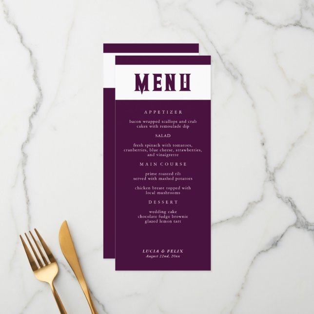Carte de menu du Mariage Royal Crimson Typography (Devant/Arrière en situation)