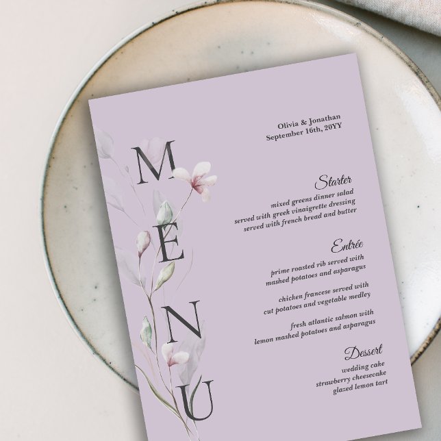 Carte de menu du Mariage violet botanique 5x7" (purple botanical simple wedding table menu card)