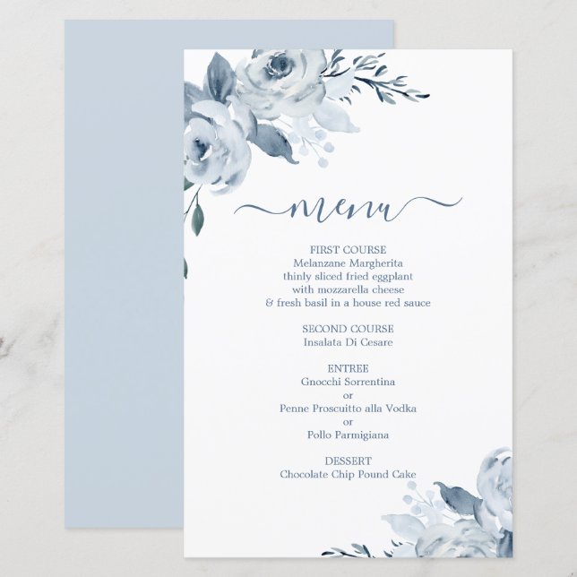 Carte de menu Dusty Blue Floral (Devant / Derrière)