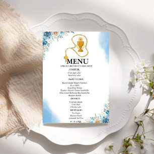 Carte de menu Elégant Blue Floral 1st Communion Pa