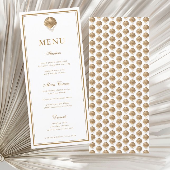 Carte de menu Elegant Gold Seashell Coastal Mariag (Créateur téléchargé)