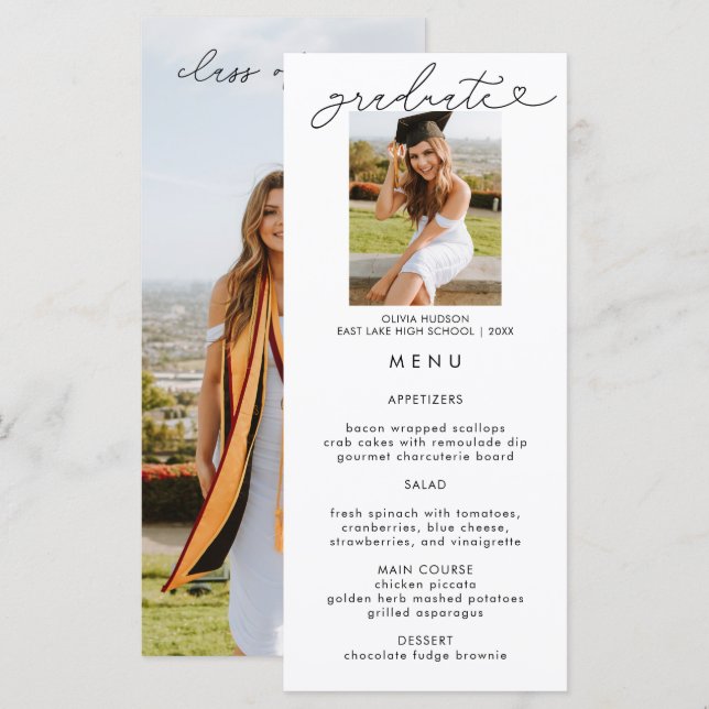 Carte de menu Elégant Graduation Photo Calligraphi (Devant / Derrière)