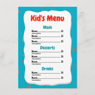 Carte de menu enfant de restaurant