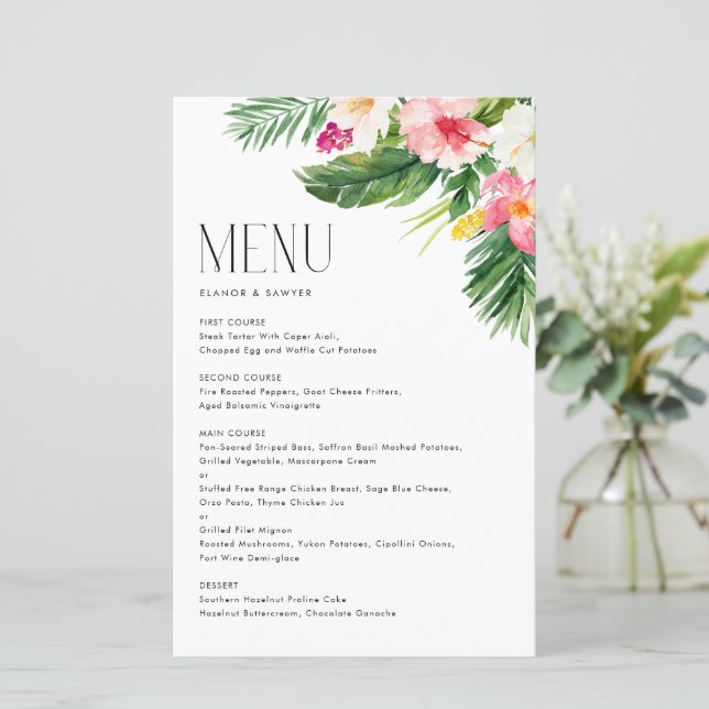 Carte de menu Été Fleurs tropicales et verdure (Debout devant)
