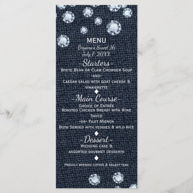 Carte de menu Événement Chic Denim & Diamonds Glam (Devant)