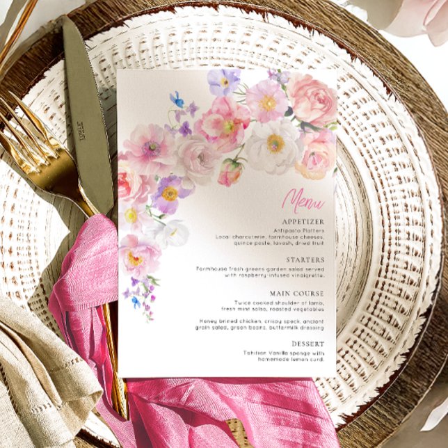 Carte de menu Fête des mariées à fleurs rose Elois (Créateur téléchargé)