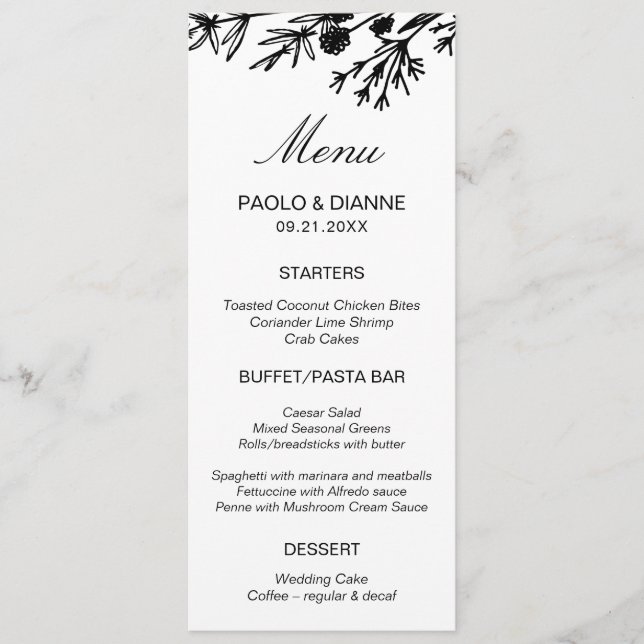 Carte de menu Feuilles botaniques dessinée à la ma (Devant)