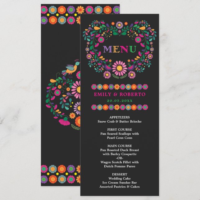 Carte de menu Fiesta Mariage Floral mexicain (Devant / Derrière)