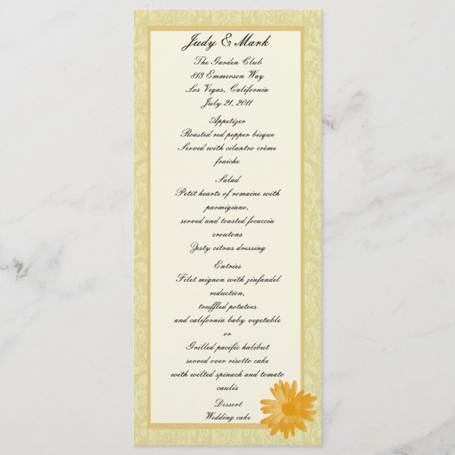 Carte de menu Fleur Jaune (Devant)
