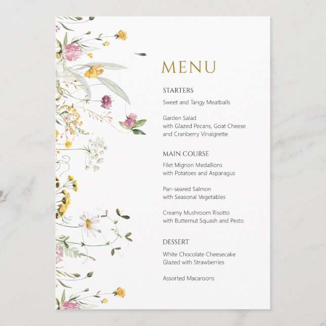 Carte de menu Fleurs sauvages rose jaune (Devant)
