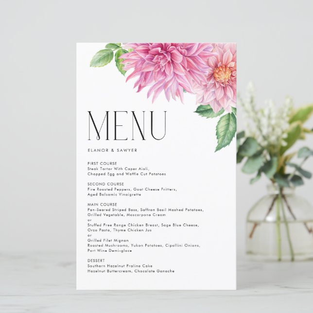 Carte de menu Floral Aquarelle Rose Dahlia (Debout devant)