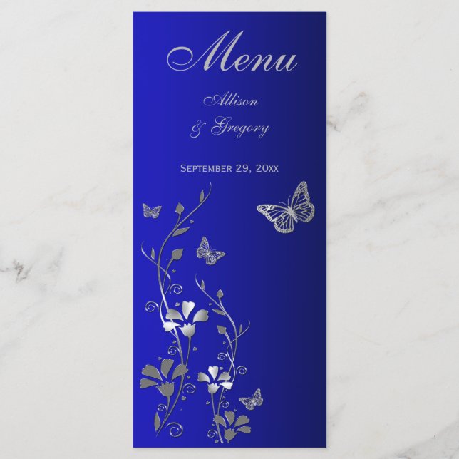 Carte de menu Floral Bleu, Gris Argent (Devant)