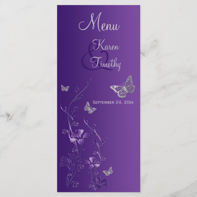 Carte de menu Floral Papillon d'argent violet (Devant)
