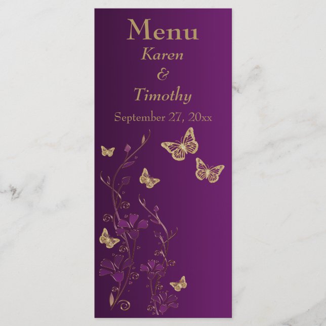 Carte de menu Floral Papillon violet et or (Devant)