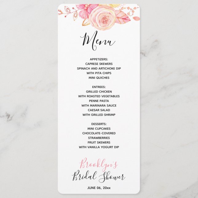 Carte de menu Floral Pink Fête des mariées (Devant)