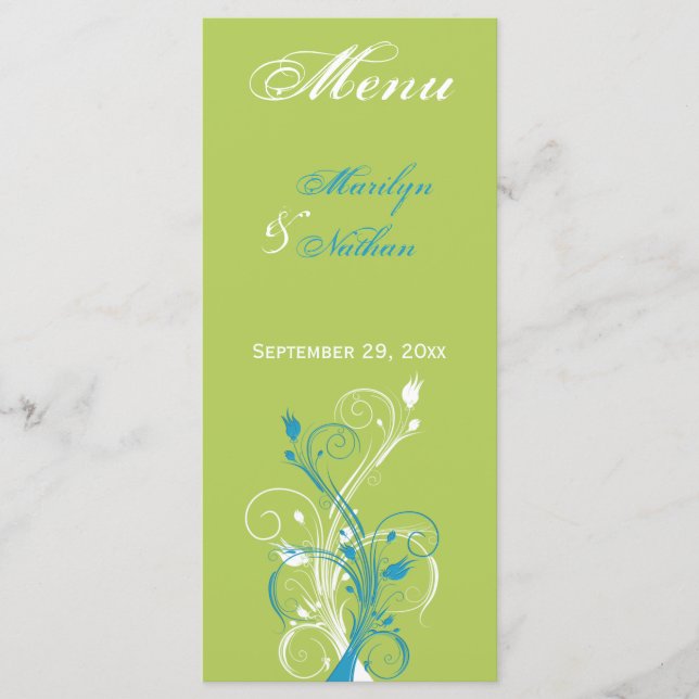 Carte de menu Floral Vert, Bleu et Blanc