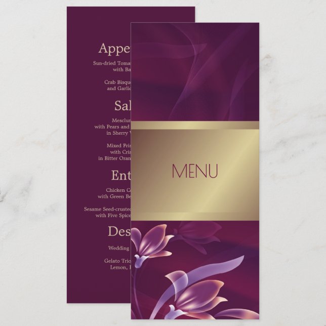 Carte de menu florale élégante Bourgogne | Or (Devant / Derrière)