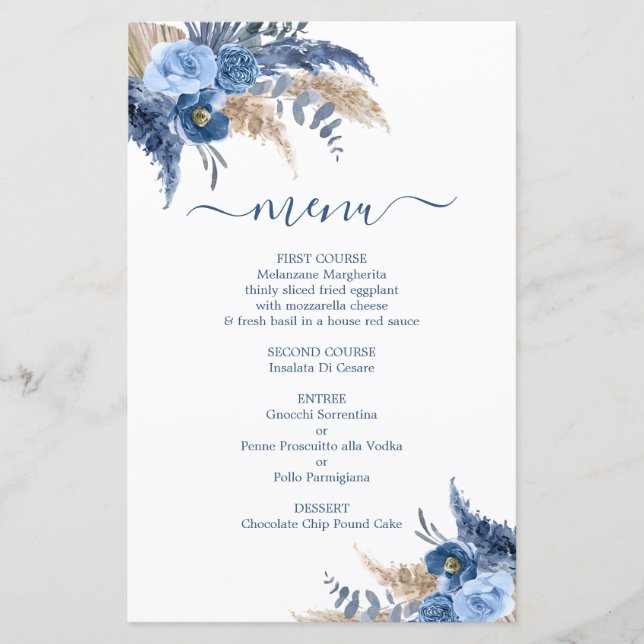 Carte de menu Garçon en laiton Blue Pampas (Devant)