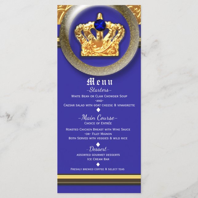 Carte de menu Gold & Royal Blue Crown (Devant)