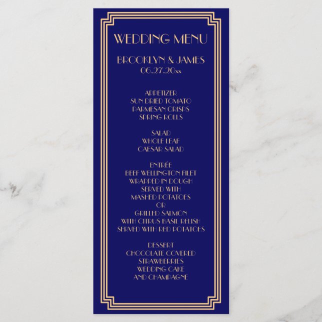 Carte de menu Great Gatsby Art Deco Blue Gold Mari (Devant)