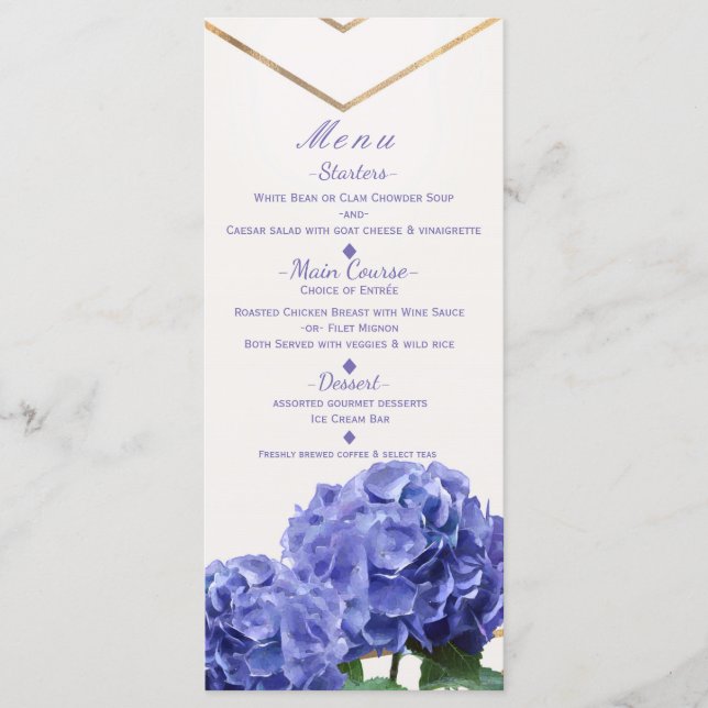 Carte de menu Hydrangea Flowers & Gold Elegant Wed (Devant)