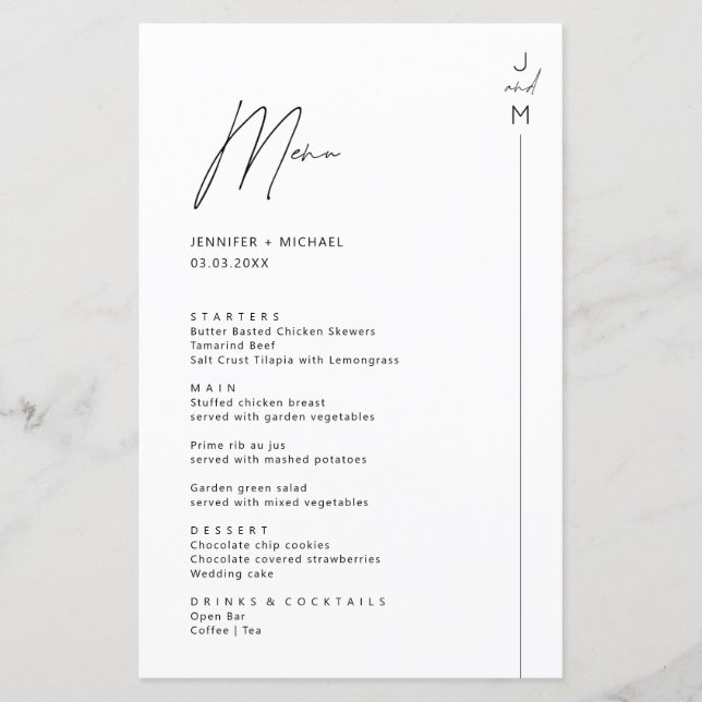 Carte de menu Initiales Modernes Minimalistes (Devant)