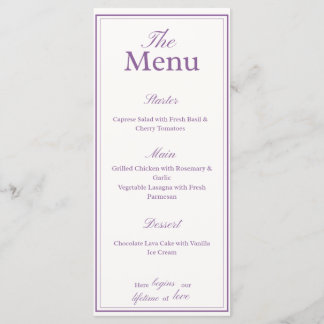 Carte de menu lavande lilas, mariages, dîner