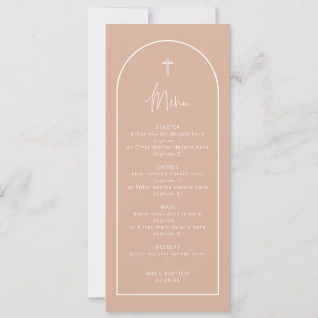 Carte de menu Long Blush Pink Arch Cross Baptiser (Devant)