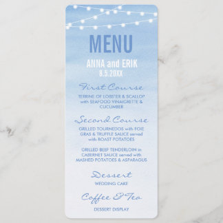 Carte de Menu Lumières en Chaîne Aquarelle Bleu Gl