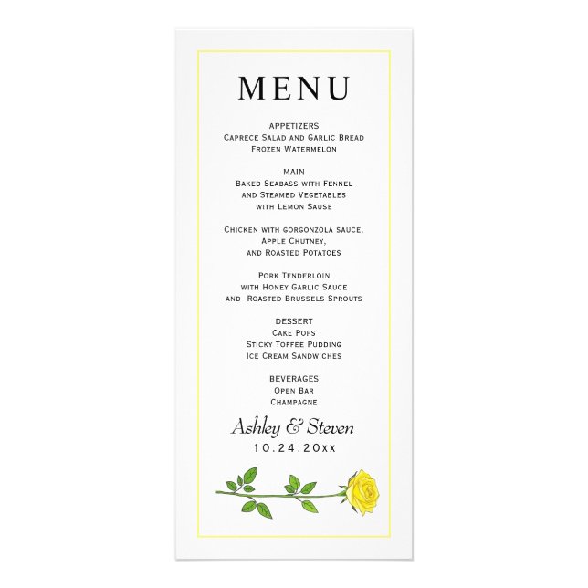 Carte de menu mariage à budget de fleurs de rose j (Devant)