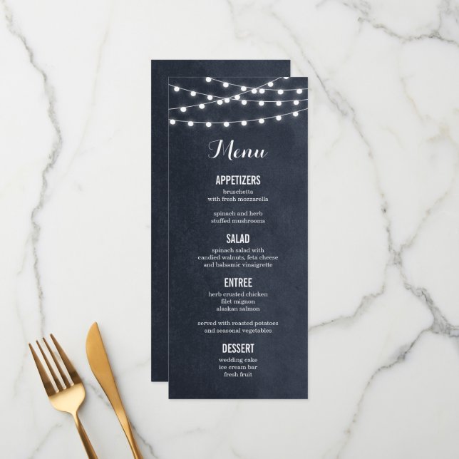 Carte de menu Mariage à chaîne bleue de minuit (Devant/Arrière en situation)