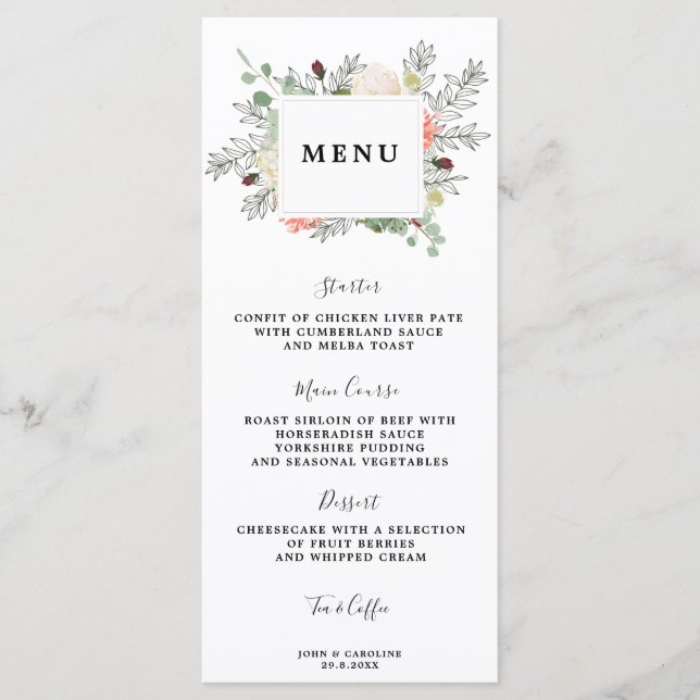 carte de menu mariage à fleurs botaniques (Devant)