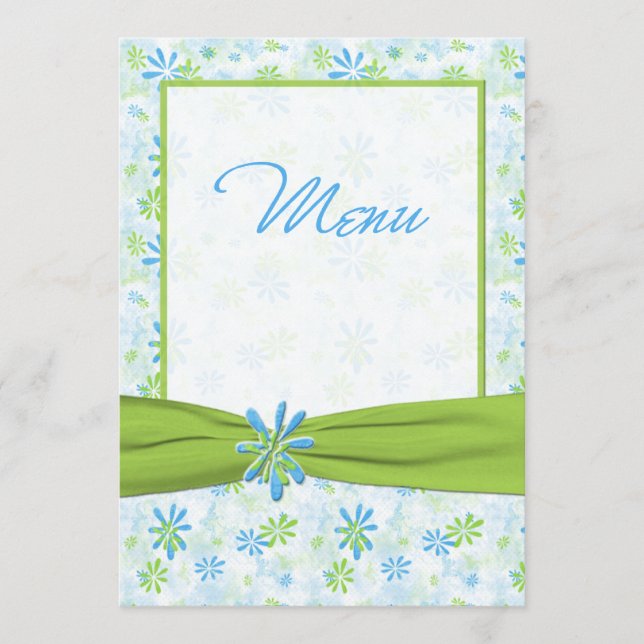 Carte de menu Mariage à fleurs vertes, bleues et b (Devant)