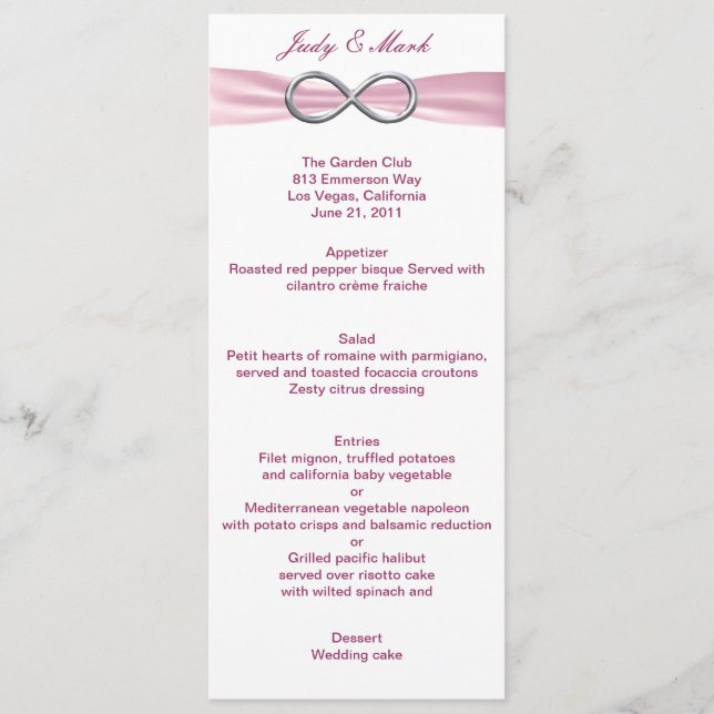 Carte de menu Mariage à infini rose (Devant)