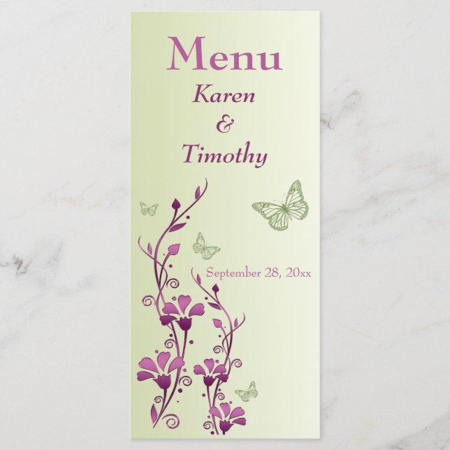 Carte de menu Mariage à papillon vert violet (Devant)