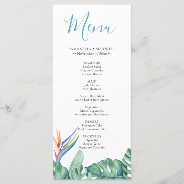 Carte de menu Mariage à thème floral tropical (Devant)