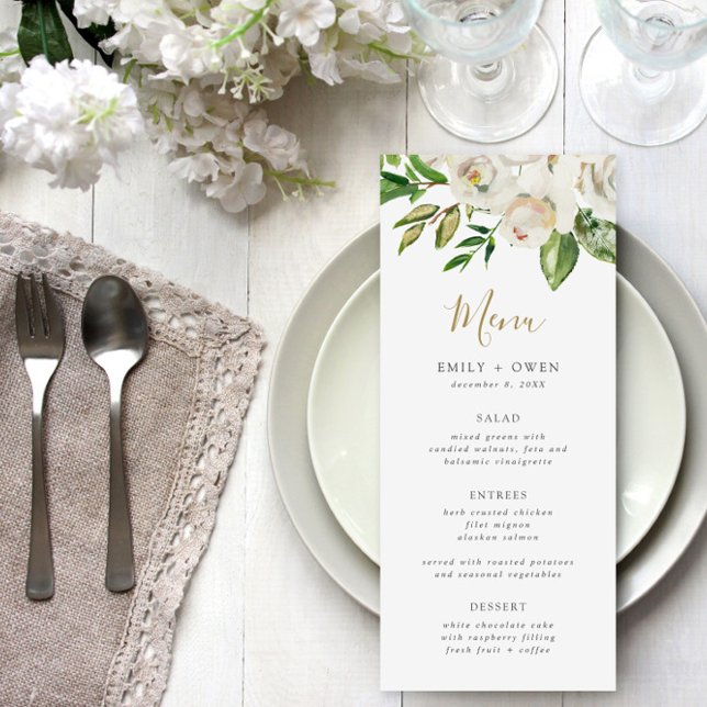 Carte de menu Mariage aux fleurs dorées (Créateur téléchargé)