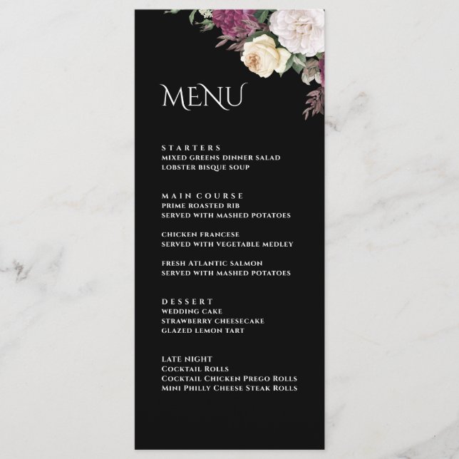 Carte de menu Mariage Black Burgundy Peonies (Devant)