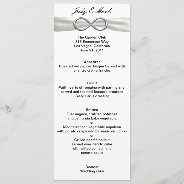 Carte de menu Mariage blanc Silver Infinity (Devant)