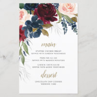 Carte de menu Mariage bleu bleu Bourgogne bleu ros