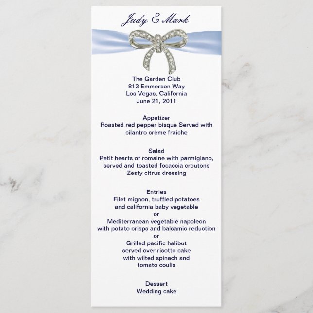Carte de menu Mariage Blue Diamond Bow (Devant)