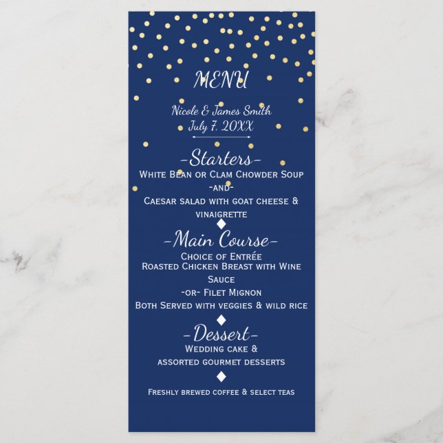 Carte de menu Mariage Blue & Gold Tiny Confetti (Devant)