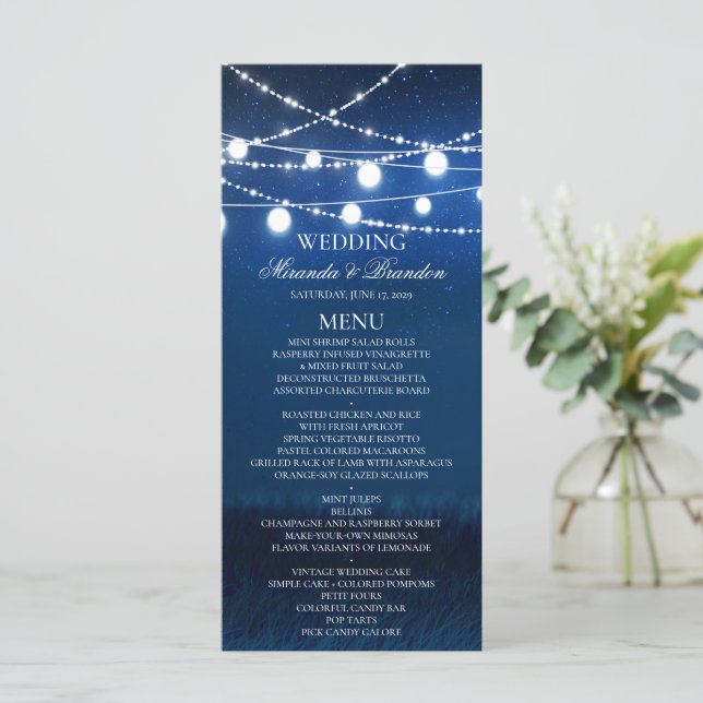 Carte de menu Mariage Blue Night et Silver Lights (Debout devant)